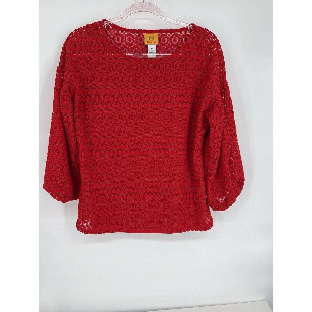 Ruby Rd Crochet Lace Overlay Top Shirt Women's SZ M‎ 3/4 Sleeves